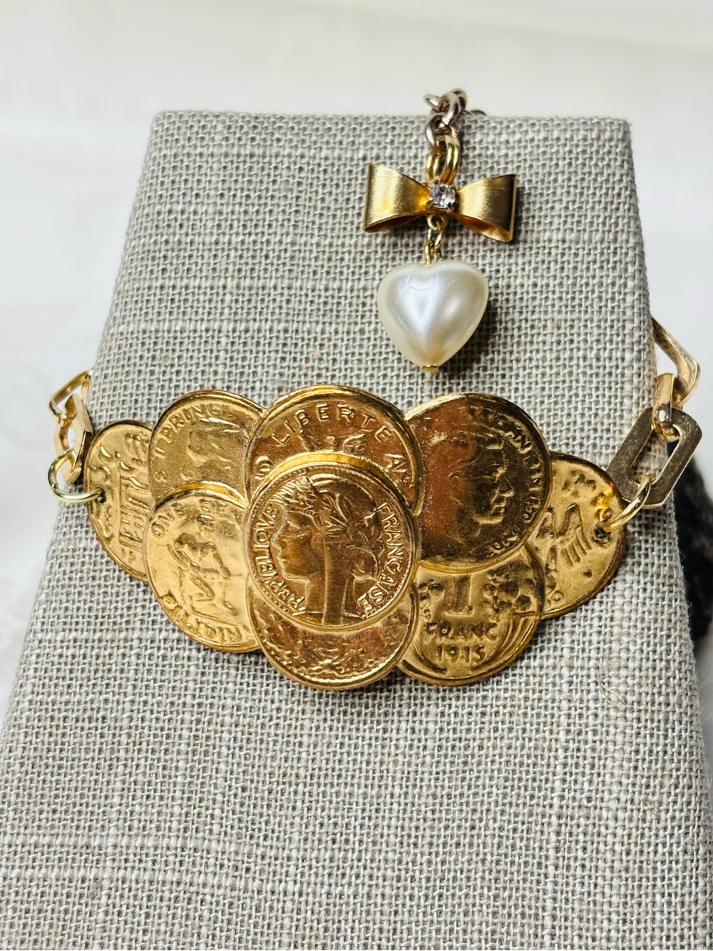 Handmade Gold Coin Bracelet with Pearl Heart Charm